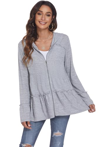 Image of DEESHA Plus Size Zip Up Hoodie for Curvy Women Spring Ruffle Hooded Sweatshirts Jacket Cardigans Lightweight