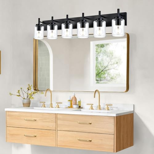 Image of BONLICHT 6 Light Bathroom Lighting Over Mirror with Clear Glass Shade, Modern Black Vanity Light Fixture Industrial Kitchen Wall Lights Farmhouse Wall Sconce Lamp for Hallway Dining Room Living Room
