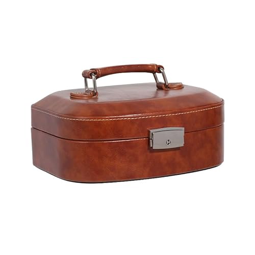 URYBBAKLL レトロレザー鏡付きジュエリーボックス 大容量 二段収納 レディース用オーガナイザー,ブラウン,21*16.7*8.8cm