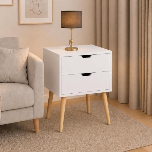Image of Device Bas with BROWN ART SHOPPEE 2-Drawer End Side Table With Drawer&Solid Wood Legs,Bedside Table For Bedrooms,Mid-Century Modern Drawer Storage Cabinet For Bedroom&Living Room Furniture(White)