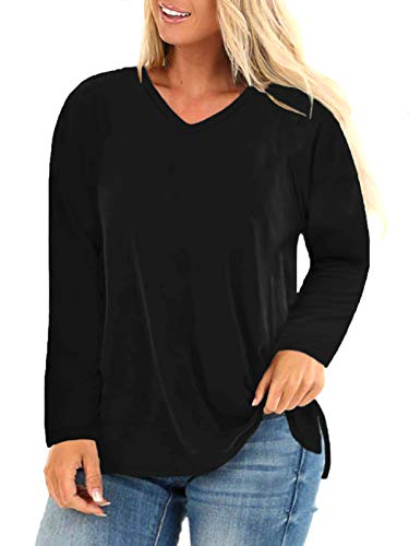 ROSRISS Womens Plus Size Tops 3X Long Sleeve V Neck T Shirts Black 24W