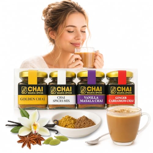 Chai Kit by Balboa Spices – 80 Servings – 4 Premium Flavors – Caffeine-Free & Sugar-Free – Natural Masala Chai Powder – Functional Beverage – Gourmet Gift Set