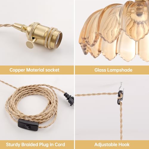 Image of Shenmoyl Plug in Pendant Light Hanging Light Fixtures with Plugin Cord On /Off Switch,Amber Scindapsus Glass Lampshade Brass Pendant Light
