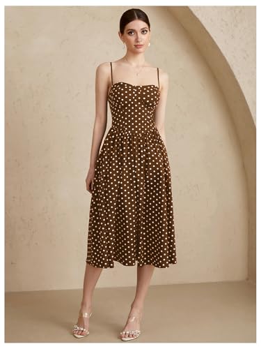 Women's Polka Dots Flared A Line Dress Spaghetti Strap Flowy Midi Vintage Party Dresses3