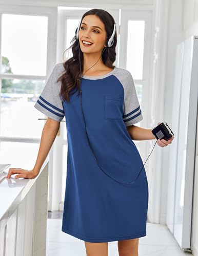 Image of Ekouaer Nightgowns for Women Color Block Sleep Shirt Short Sleeve Sleepwear
