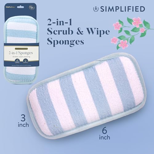 Image of Simplified 5-Pack Scrub & Wipe 2-in-1 Dishwashing Sponges - Non-Abrasive Cleaning Sponges, Double-Sided - Safe for Dishes, Non-Stick Pans or Glassware, Absorbent Dish Sponges, Blue Stripe