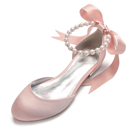 Women's Round Toe Wedding Flats Shoes for Bride Ankle Strap Pearl Formal Prom Party Dress Pumps