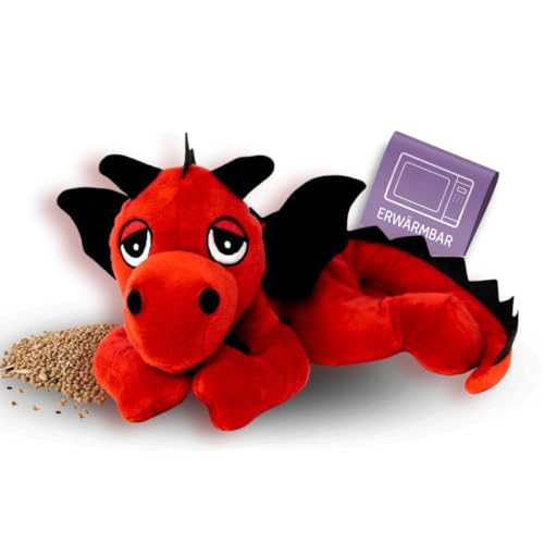 Habibi Plush Wärmekissen/Stofftier f. Kinder und Erwachsene – 1864 Glücksdrache rot/schwarz mit Hirsefüllung, Wärmekuscheltier zum Erwärmen in der Mikrowelle/Backofen, Drache auch für Babys