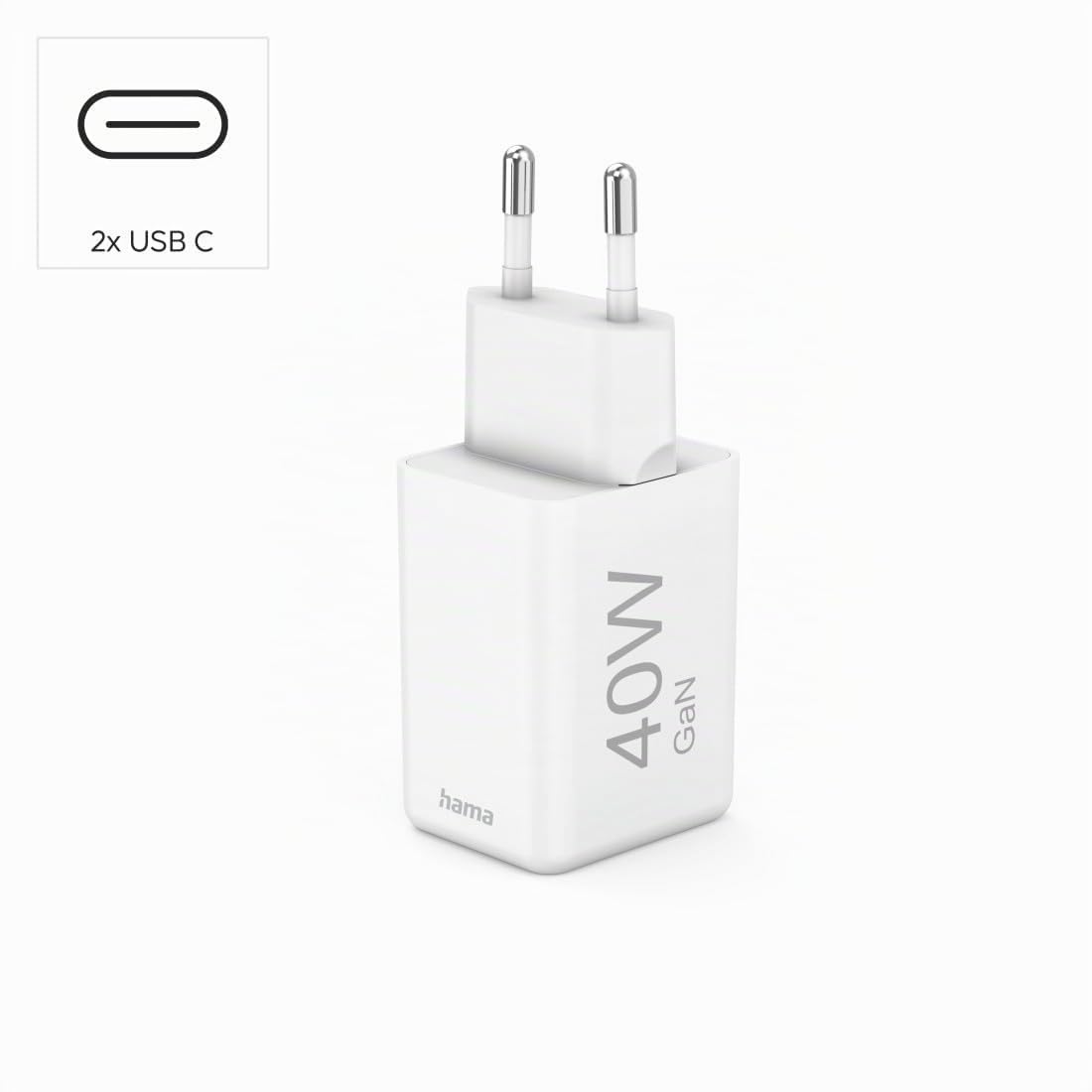 Hama Schnellladegerät, 40W (Ladegerät mit 2X USB C, unterstützt Power Delivery und Qualcomm Quick Charge, Zwei Geräte gleichzeitig Laden, superklein und kompakt, GaN Charger, akkuschonend) weiß