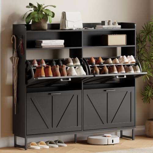 Image of Shoe Cabinet with 4 Flip Drawers, Freestanding Hidden Shoe Storage Organizer for Entryway, Narrow Slim Shoe Rack Cabinet with Open Storage & Hooks for Front Door Entrance, Living Room, Hallway, Black