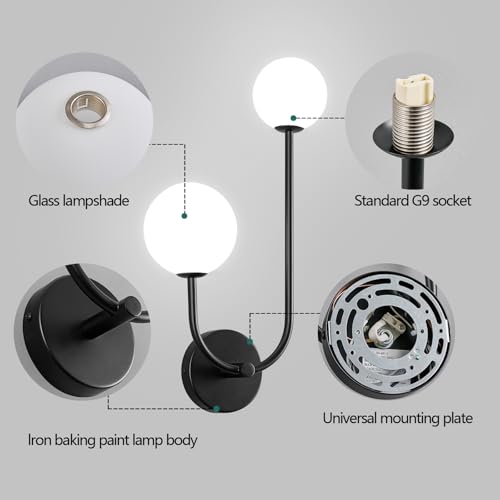 Image of Milk Glass Wall Sconce Black Wall Sconces Mid Century Modern Sconces Wall Lighting 2 Light Globe Sconce for Bedroom Living Room Hallway Wall Light Fixtures