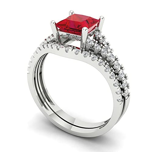 Clara Pucci 3.36 ct Princess Cut Created Ruby 14k White Gold Solitaire with Accents Wedding Bridal Engagement Promise Ring Band Set2