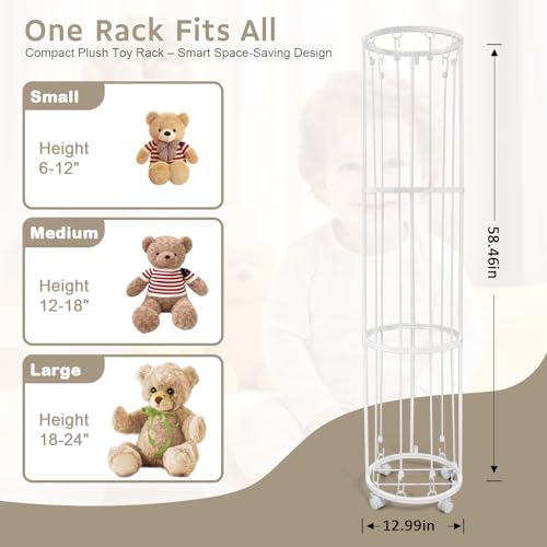 Image of Stuffed Animal Storage Zoo, Metal Plushies Toy Storage Organizer, Tube Stuffed Animal Holder with Brake Wheels, Space Saving Plush Toy Holder for Playroom Bedroom Nursery (White)