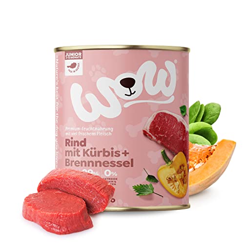 WOW Hundefutter nass Junior mit Rind, 6x800g | reichhaltiges Nassfutter für Welpen Aller Rassen I Beste Qualität mit viel frischem Fleisch, Kürbis I hohe Akzeptanz & getreidefrei
