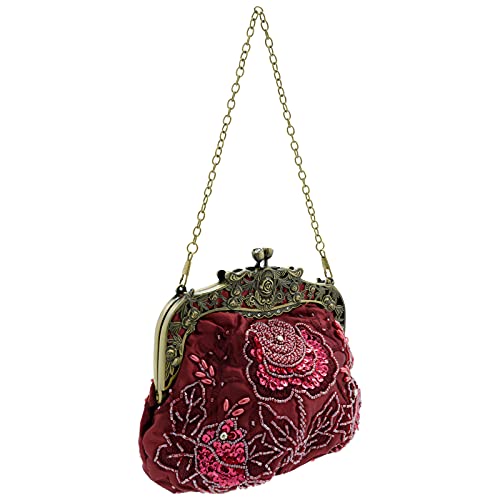 Ro Rox Margeret Vintage Clutch Bag - Floral Beaded- 2 Detachable Shoulder Chain- Kiss Lock- Wedding, Occasion & Party #TOP1