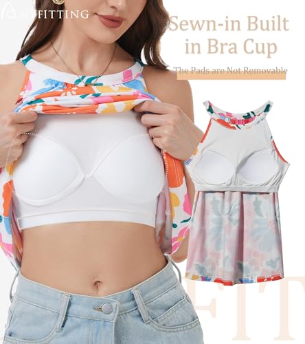 Image of Women Halter Tank Top with Built in Bra Flowy Sleevless Padded Camisole Loose Fit Summer Shirt Top S-3XL