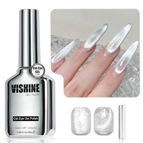 Vishine 16 ml Cat Eye Gel Nail Polish - Smalto Effetto Occhio di Gatto, Magnetico Olografico Argento Glitter UV Riflettente Traslucido, Tintura Cristallo (H001)