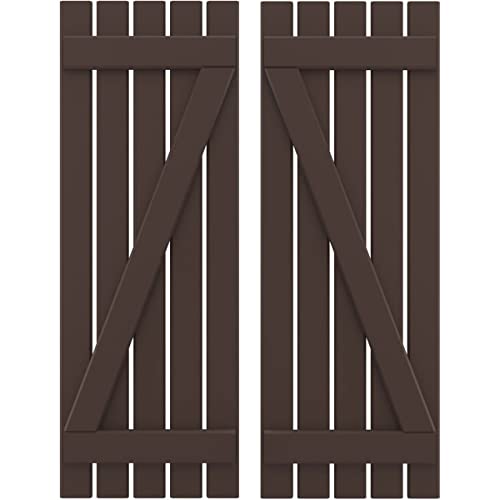19 1/2"W x 77"H Americraft Five Board (2 Batten) Exterior Real Wood Spaced Board-n-Batten Shutters w/Z-Bar (Per Pair), Raisin Brown