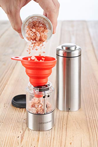 Gzooghome Electric Salt And Pepper Grinder Set - Battery Operated Automatic One Handed Salt Pepper Mill With Funnel And Bottom Cap - Ceramic Grinders With Lights And Adjustable Coarseness #TOP5