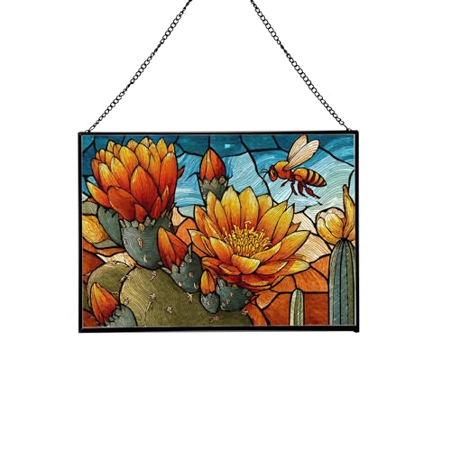 Bee Flying – Desert Cactus Bloom Animal Stained Glass Suncatcher – Rectangular Hanging Window Panel with Artistic Nature Background – Wildlife Glass Art Gift for Animal and Nature Lovers YuwWEx