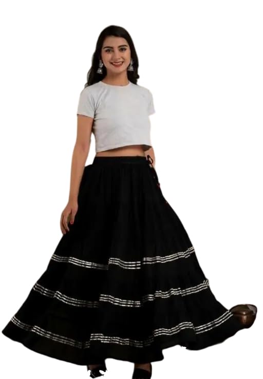 Women Ethnic Long Skirt Cotton Solid Black Maxi Skirt with Silver Lining for Casual & Festive Use-picture-39
