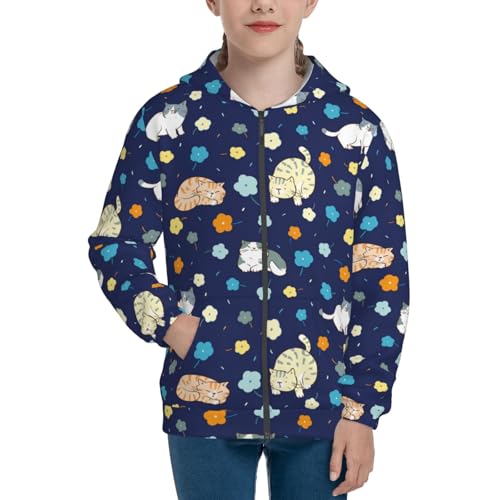 Cartoon Cat and Flower Kid Hoodies Boys Zip Up Sweatshirts Girls Pullover with Pocket3