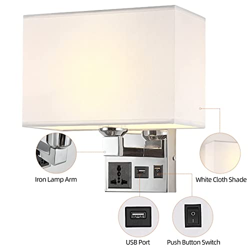 Image of Bedside Wall Mount Light with USB, LED Reading Swing Arm Fabric Shade Wall Sconce, Hardwired Wall Lamp for Bedroom, Living Room Hotel (Chrome)