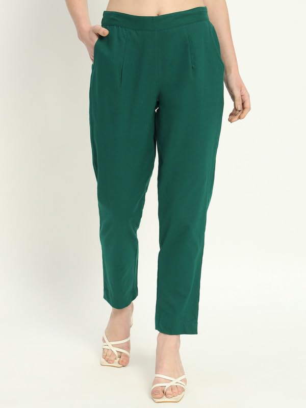 Image of Women's Solid Straight Fit 100% Cotton Trousers | High Waist, Side Pockets, Ankle Length Pants for Office, Casual