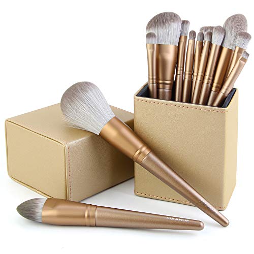 Makeup Brushes, 14 Pcs Professional Travel Make up Brushes Set with Holder, Foundation Eyeshadow Blush Concealer Powder Makeup Brush with Case(Gold)