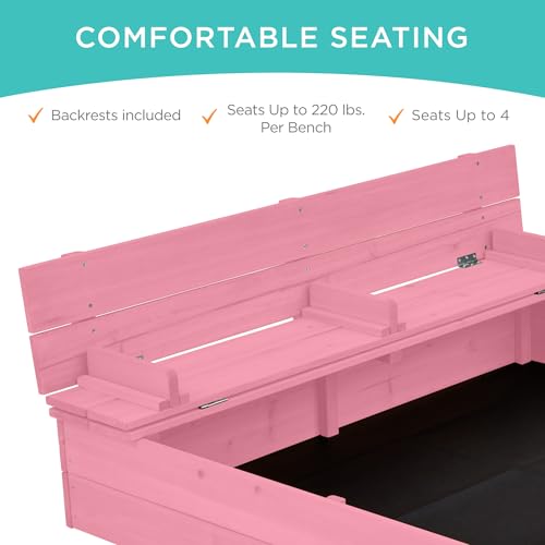 Image of Best Choice Products Large Outdoor Wooden Sand Box for Kids, Sandbox with Cover, Bench Seats Support up to 220 lbs, Bottom Liner for Drainage, Cedar Wood - Pink