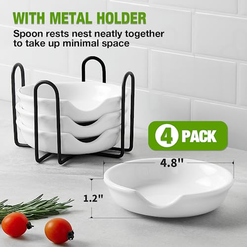 4 Pack Ceramic Spoon Rest with Metal Holder, Gencywe 4.8 inch Spoon Holder for Kitchen, for Stove Top, Coffee Spoons, Ladles, Tong, Cooking Utensil Rest, Housewarming Gifts