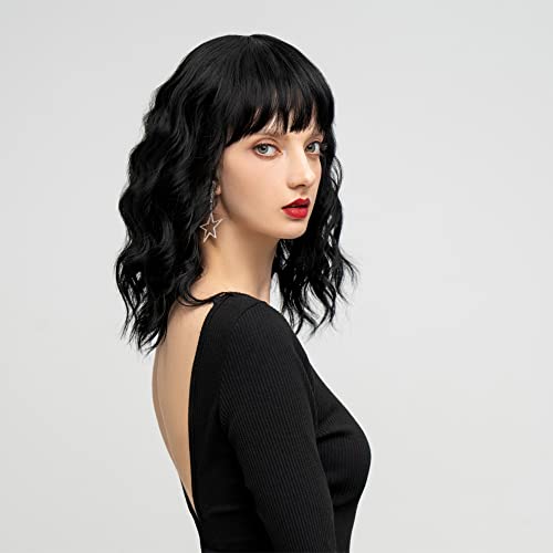 REVIVI Perruque femme noires court bob perruques avec frange, afro peruque noir brésilienne de cheveux bouclés ondulés de couleur naturelle black wig 14" Cover