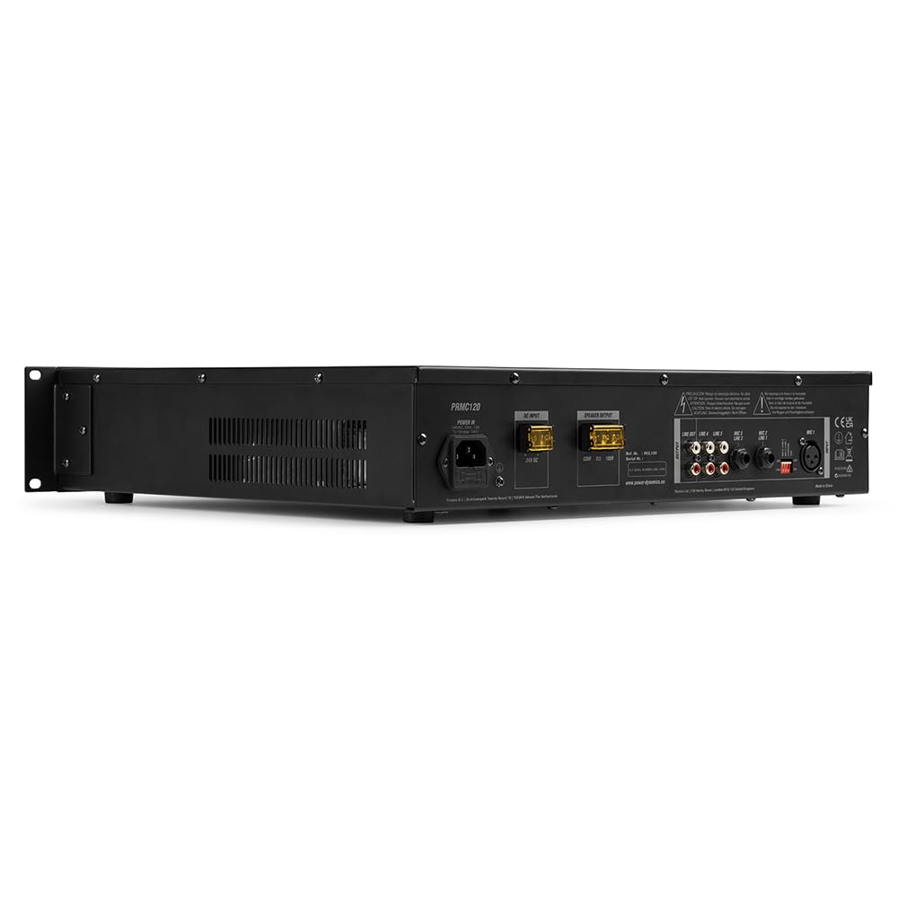Power Dynamics PRC120 Amplificador 100V 120W con CD y Bluetooth | Reproductor CD integrado, alimentación Phantom, control de tono, compatible con instalaciones de música ambiental.