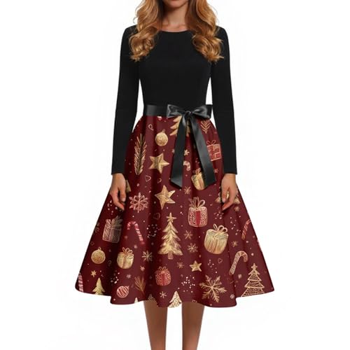 Weihnachtskleid Damen Kleid Weihnachten Elegant Langarm Weihnachts Kleider mit Weihnachtsmotiv Lustig Rockabilly Vintage A-Linie Swing Partykleid...