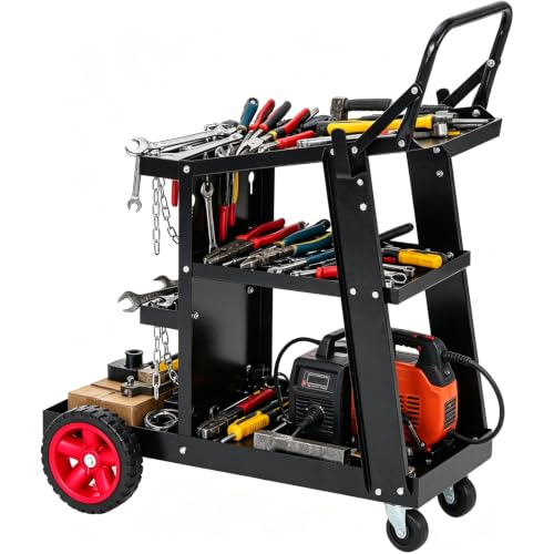Welding Cart 3-Tier Heavy Duty Welder Cart with 400 Lbs Load Capacity Rolling Metal Utility Cart with Raised Handle 360 Swivel Wheels for TIG TIG MMA Plasma Cutter Welding Machine