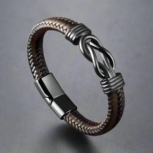 Image of THE MEN THING Leather Bracelet for Men - American Style Genuine Leather Multi-Layer Braided Bracelet with 100% Stainless Steel Magnetic Buckle for Men & Boys (8 inch)