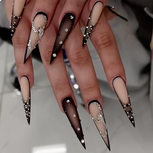 GlamRays 24 Stück Langer Stiletto Press on Nails Falsche Nägel Glänzend Schwarz Goth Ombré Akrylnägel Scharf Mandel Künstliche Nägel Luxus Rhinestone