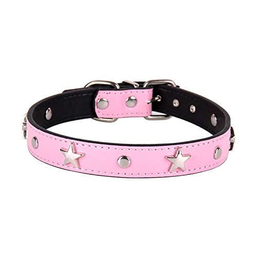 TYCHWZRMV(売店)犬が道具を引っ張る、 犬用牽引ロープ スタースタッズ付き犬用首輪 レザー製子犬用ネックストラップ 快適な猫用首輪 調節可能なペット用首輪(Pink,L)