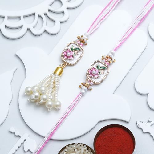 Image of eCraftIndia Pink White Floral Designer Bhaiya Bhabhi Rakhis with Best Bro Ever Fridge Magnet | Set of 2 Rakhi for Brother and Bhabhi | Lumba Rakhi | Roli Chawal Pack