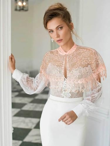 Campsis Floral Lace Scarf Shawl Pink Mesh Wedding Fringe Wraps Tassels Lace Shawls Bridal Cover up Stoles for Women4