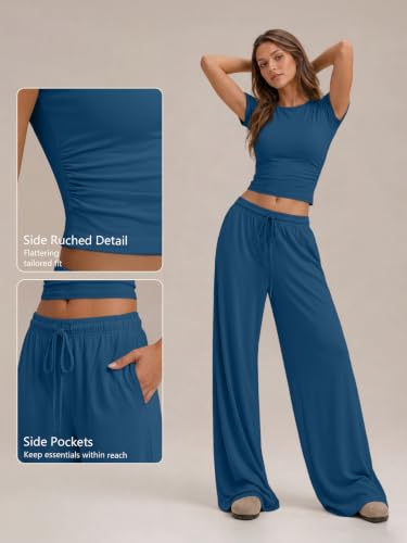 Image of Trendy Queen Women's 2 Piece Matching Summer Lounge Set with Pockets | Vacation Airport Travel Outfits, Workout Gym Clothing Comfy Athleisure Clothes, Side-ruched Top, Drawstring Wide Leg Pants