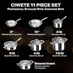 Ciwete Tri-Ply Ensemble de casseroles et de pots en acier inoxydable 11 PC, 18/10 Ensemble d'articles de cuisine en acier inoxydable avec insert de vapeur, kits de cuisine à induction avec poignées ergonomiques, lave-vaisselle, coffre-fort