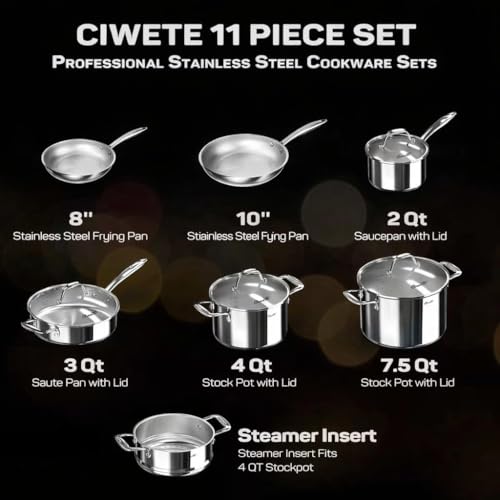 Ciwete 11-Piece Tri-Ply Stainless Steel Pots and Pans Set, 18/10 Stainless Steel Cookware Set with Steamer Insert, Induction Kitchen Cookware Sets with Cool Ergonomic Handles, Dishwasher, Oven Safe by ciwete - Image 3