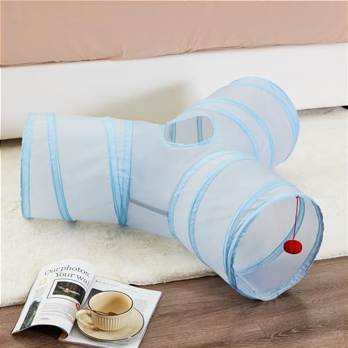 Image of Tempcore Cat Tunnel for Indoor Cats, 3 Way Collapsible Pet Play Tunnel with Teaser Wand, Peek Holes & Hanging Ball, Interactive Tube for Kittens & Rabbits, Light Grey&Blue