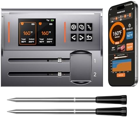 Dual Probes Meat Thermometer, Smart Digital Magnetic Standalone Base, Bluetooth Wireless Meat Thermometer Remote Tracking and Real-Time Readings, iOS and Android, for Grill, BBQ, Smoker