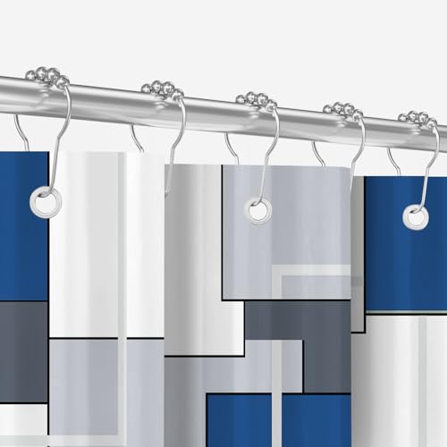 Duschvorhang mit Metall Duschvorhangringe 180x200 cm Quadrate Marineblau, Beschwerter Saum Antischimmel Textil, Wasserabweisend, Waschbar Polyester Badevorhänge Set mit Ösen für Badezimmer, Badewanne