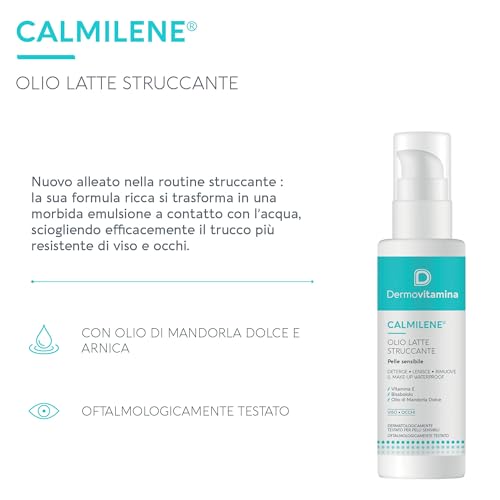 Dermovitamina Calmilene, Make-up-Entferner für Gesicht und Augen, wasserfester Make-up-Entferner, für empfindliche Haut, Reinigungsmilch, mit Vitamin E, Arnika und Ringelblume, 100 ml