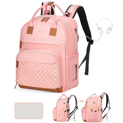 Tonyeee Diaper Bag Backpack - Extra Large Diaper Bag for 2 Kids Twin, Travel Baby Bags for Mom Dad 25-37L Expandable with Changing Pad Earphone Hole, Solid Pink