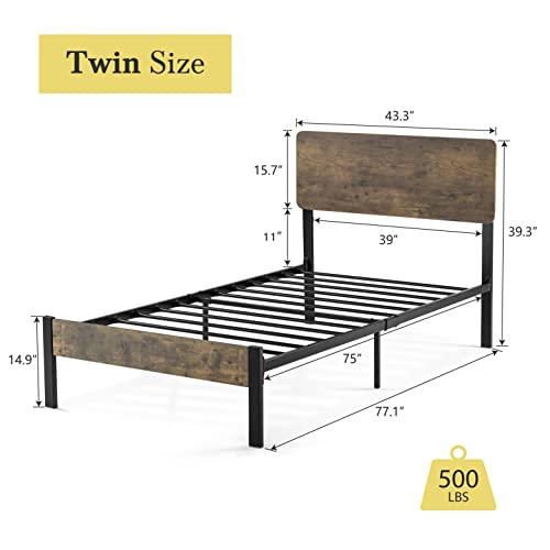 Hoomic Twin Size Platform Bed Frame With Wooden Headboard And Footboard, Rustic Country Style Mattress Foundation, Metal Slats, No Box Spring Needed, Easy Assembly, Noise Free, Black&Brown #TOP1