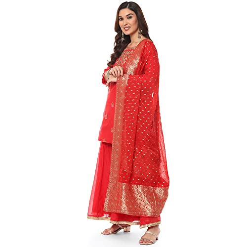 Image of BIBA Women Poly Cotton Straight Embroidered Suit Set